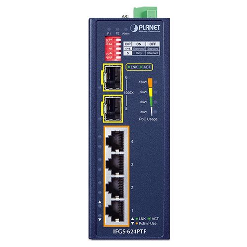 IFGS-624PTF Промышленный неуправляемый коммутатор/4 RJ45 PoE 100M/2 SFP 1G