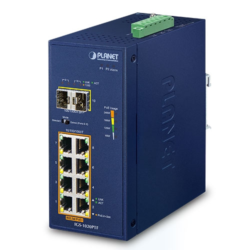 IGS-1020PTF Промышленный неуправляемый коммутатор/8 RJ45 PoE 1G/2 SFP 1G