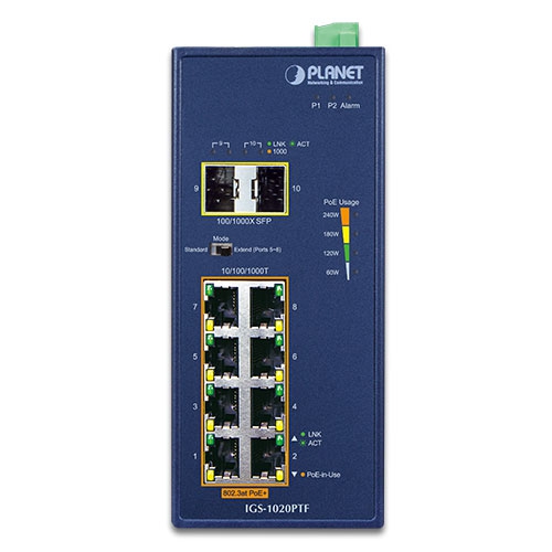 IGS-1020PTF Промышленный неуправляемый коммутатор/8 RJ45 PoE 1G/2 SFP 1G