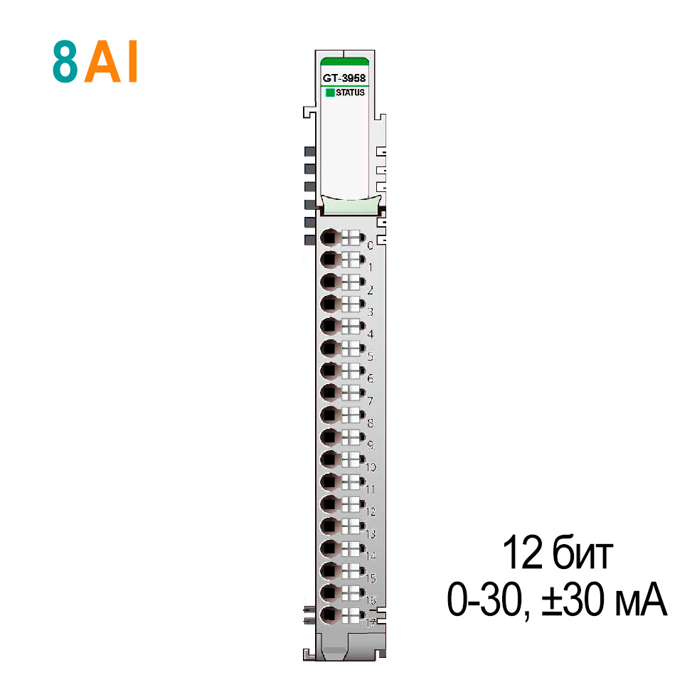 GT-3958 Аналоговый ввод, 8AI 0-30/±30 мА, 12 бит АЦП, RTB 18