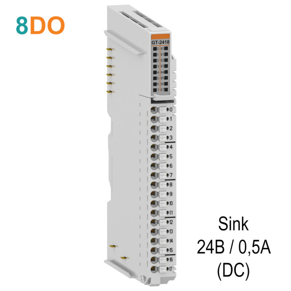 GT-2418 Дискретный вывод, 8DO, 24 В/0.5А (DC), Sink, диагностика, RTB 18